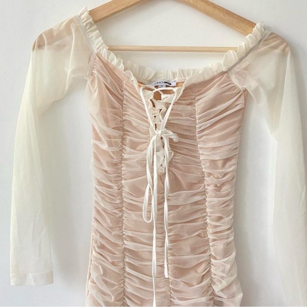 Fashion Nova‎ Off-Shoulder Lace-Up Mini Dress - Cream